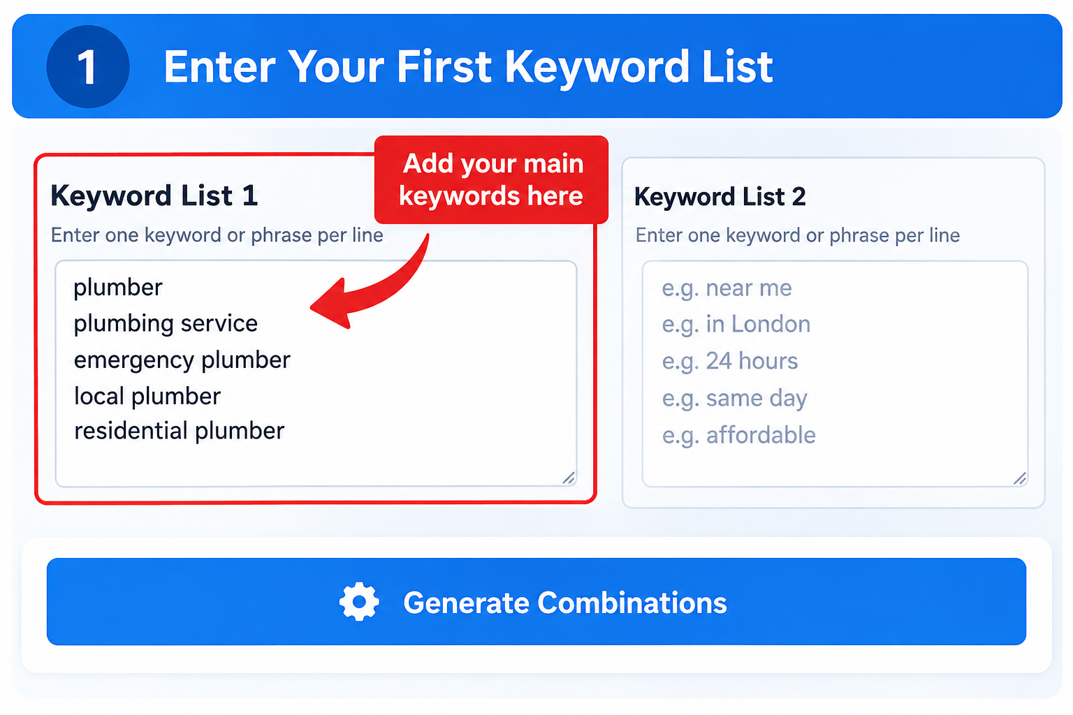 Enter first keyword list in combine keywords tool for SEO research