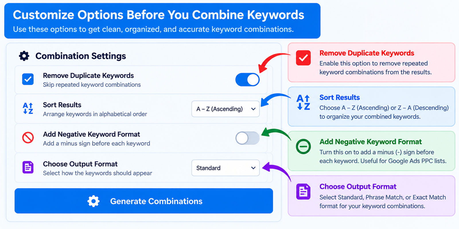 Customize combine keywords settings before generating keyword combinations