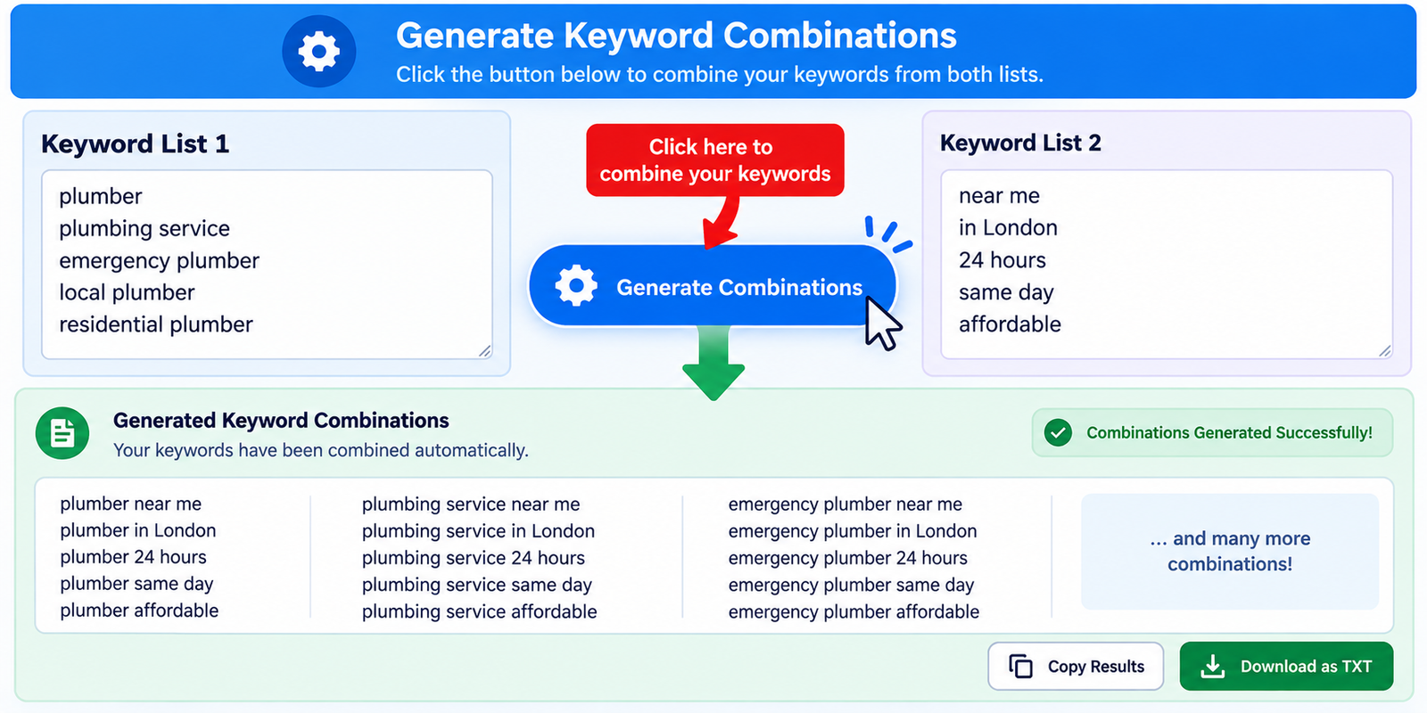 Generate combined keywords for SEO content and PPC campaigns