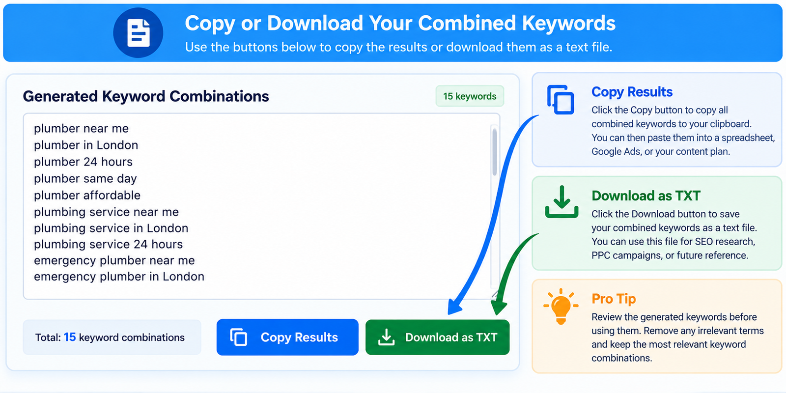 Copy or download combined keywords for SEO keyword research